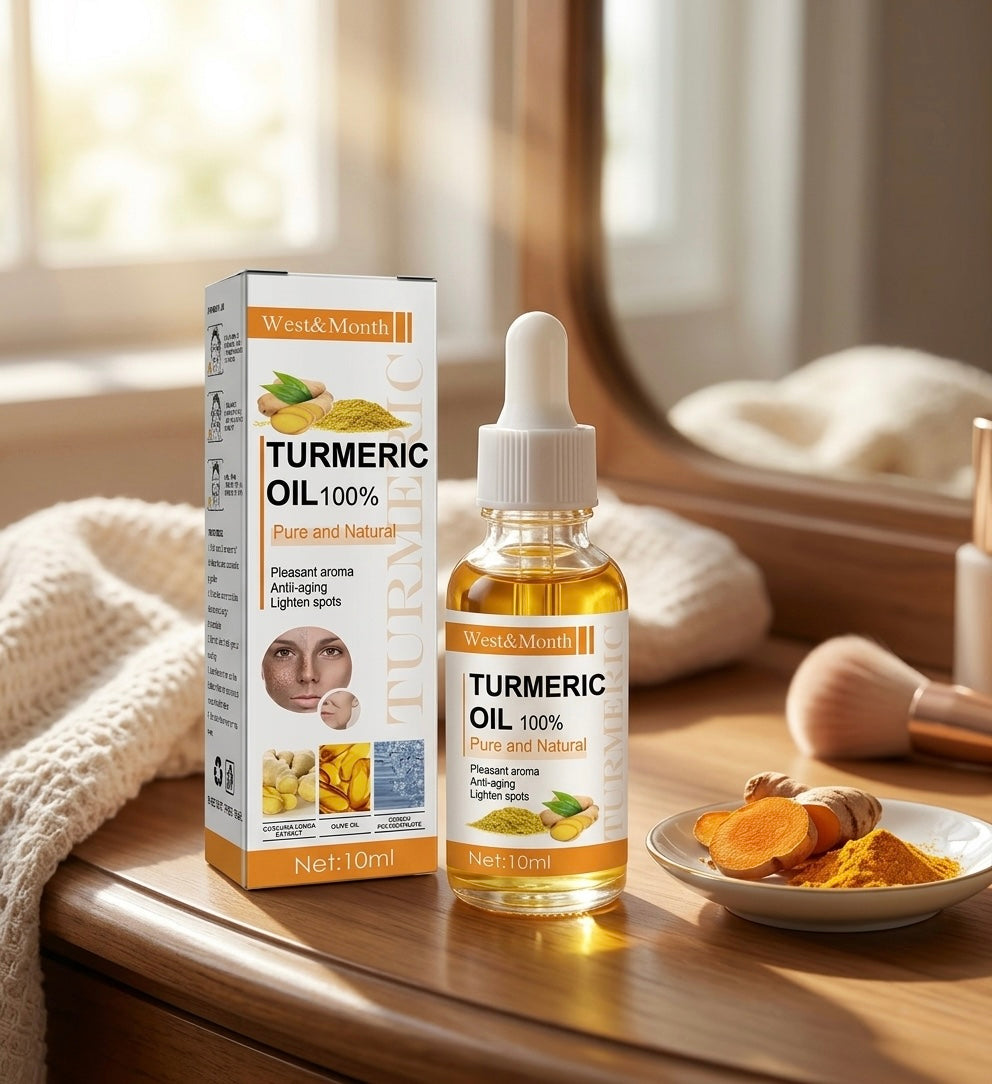 Viclavo GoldenGlow Kurkuma Öl in einer Flasche mit goldener Beschriftung, flüssiges Kurkuma-Öl zur Hautpflege und Wellness