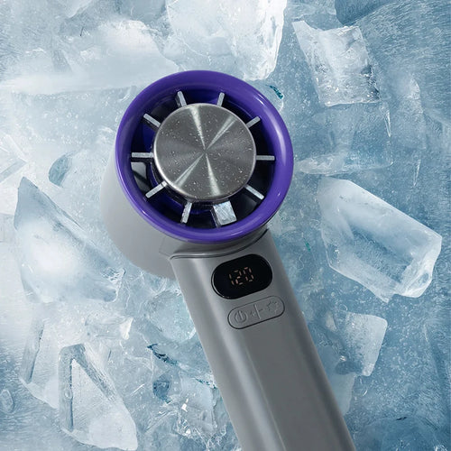 Viclavo ArcticFlow Handventilator mit ergonomischem Griff und bläulichem Gehäuse, ideal für erfrischende Abkühlung unterwegs