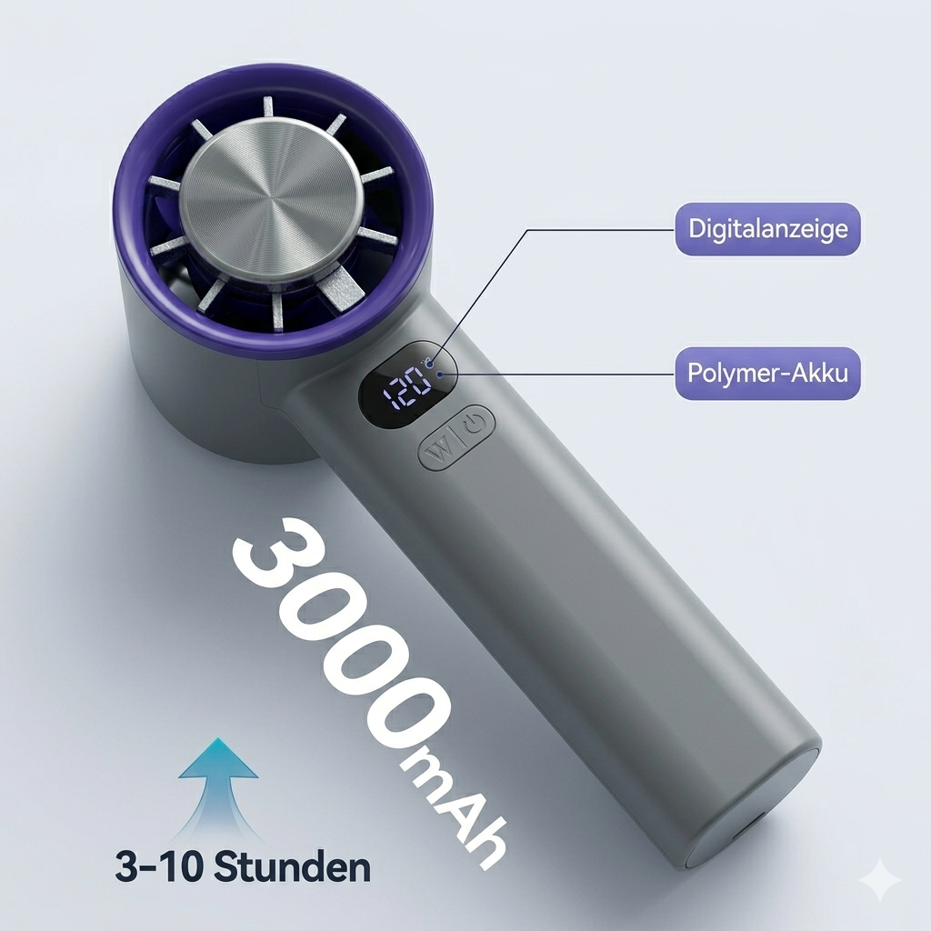 Viclavo ArcticFlow Handventilator, tragbarer Handventilator mit blauer Gehäusefarbe, ideal für unterwegs, zeigt die Lüfterflügel in Bewegung